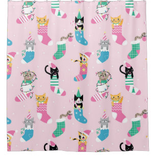 Cartoon Cats Christmas Seamless Pattern Shower Curtain