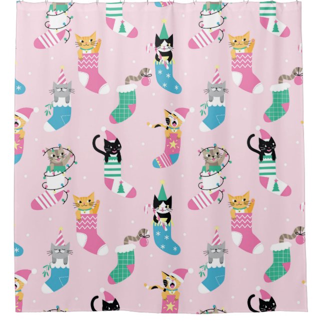 Cartoon Cats Christmas Seamless Pattern Shower Curtain (Front)