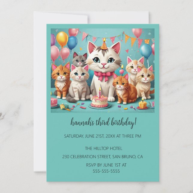 Cartoon Cats Kids’ Purr-fect Birthday Party  Invitation (Front)
