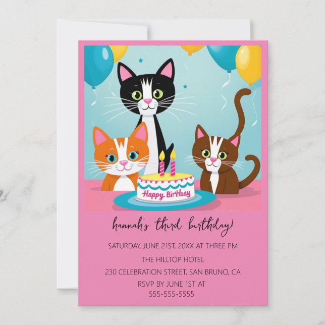 Cartoon Cats Kids’ Purr-fect Birthday Party  Invitation (Front)