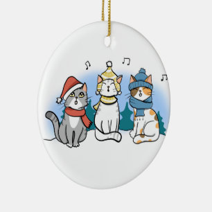Cartoon Cats Singing a Cheerful Christmas Carol Ceramic Ornament
