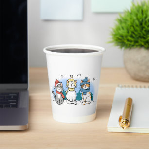Cartoon Cats Singing Christmas Carols Paper Cups
