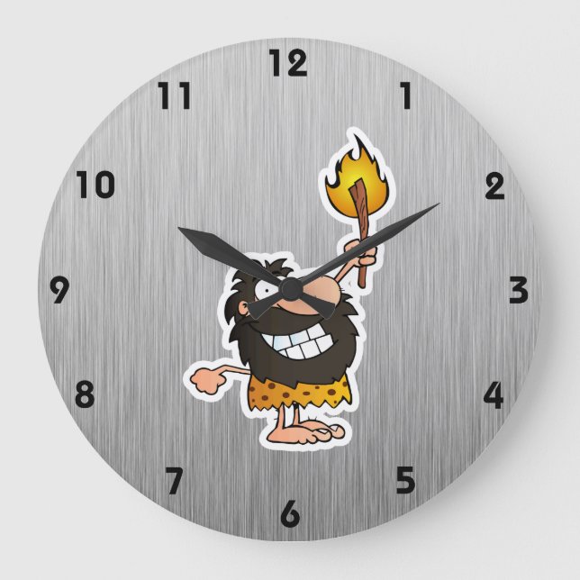 Cartoon Caveman; Metal-look Large Clock (Front)