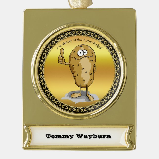 cartoon character potato with big eyes 3 gold plated banner ornament (Front)