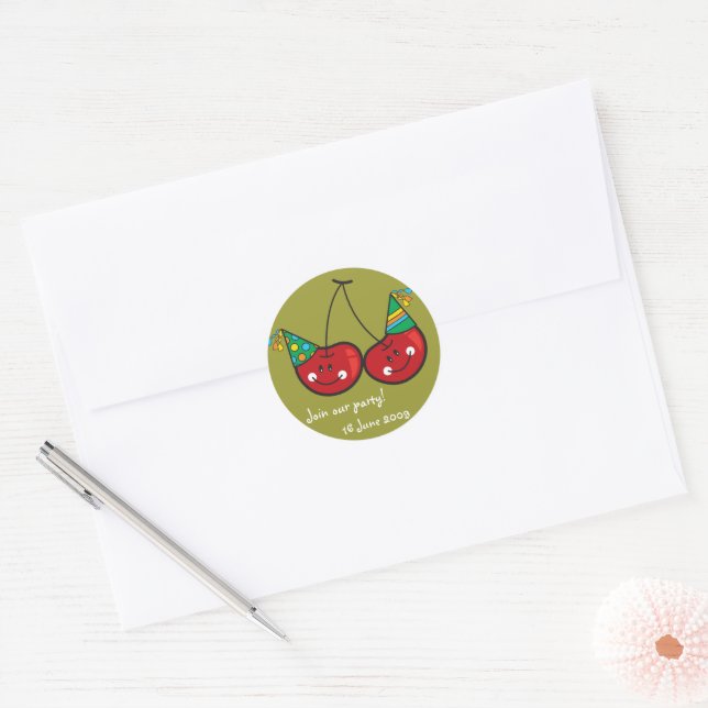 Cartoon Cheeky Cherries With Party Hats Birthday Classic Round Sticker (Envelope)