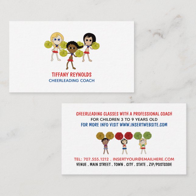 Cartoon Cheerleader Design, Cheerleading Coach Business Card (Front/Back)