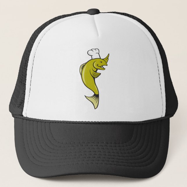 Cartoon Chef Baker Cook Trout Fish Trucker Hat (Front)