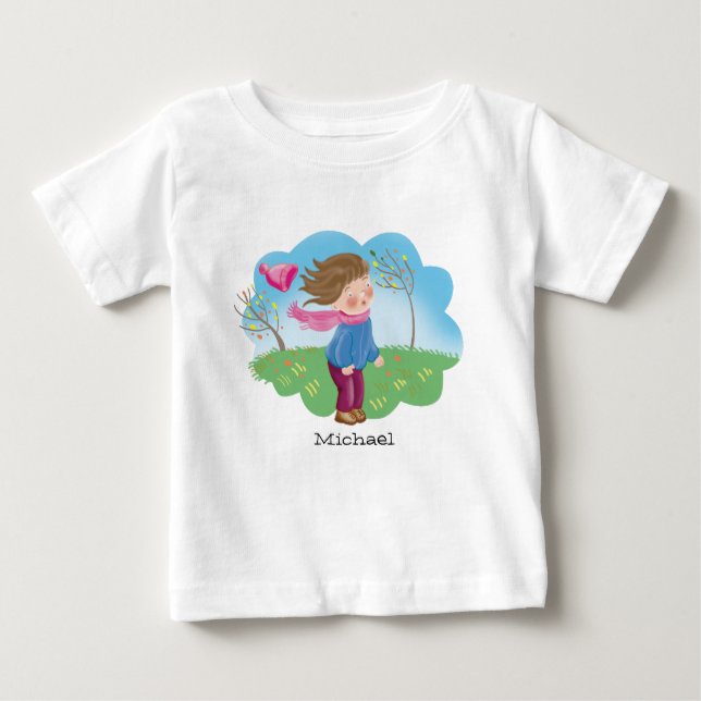 cartoon child freezing outside in autumn, seasons baby T-Shirt (Front)