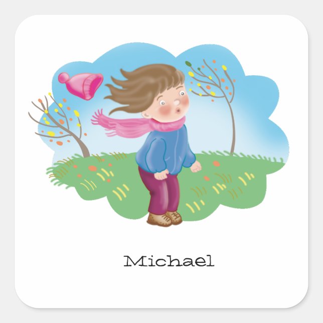 cartoon child freezing outside in autumn, seasons square sticker (Front)