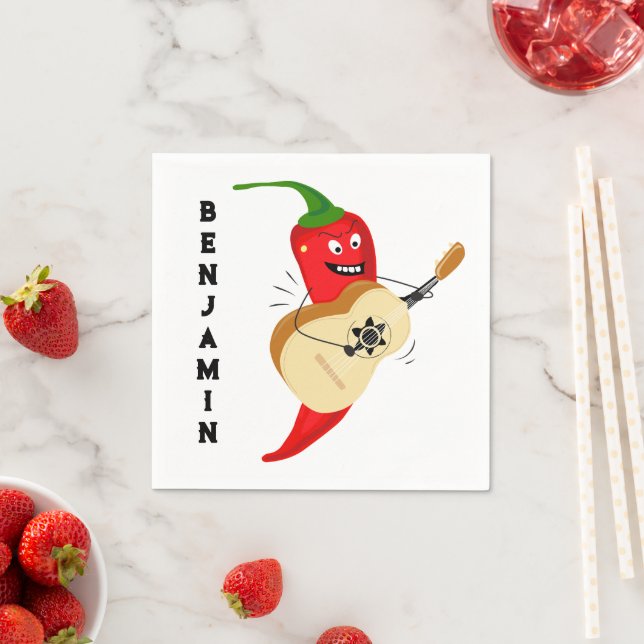 Cartoon Chilli Pepper Playing Guitar Personalised Napkin (Insitu)