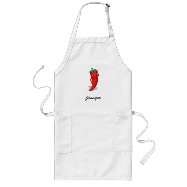 Cartoon Chilli Pepper With Custom Name Long Apron (Front)