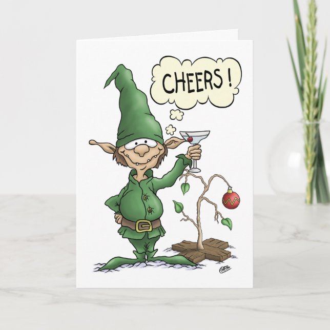 Cartoon Christmas Card: Cheers Elf Holiday Card (Front)