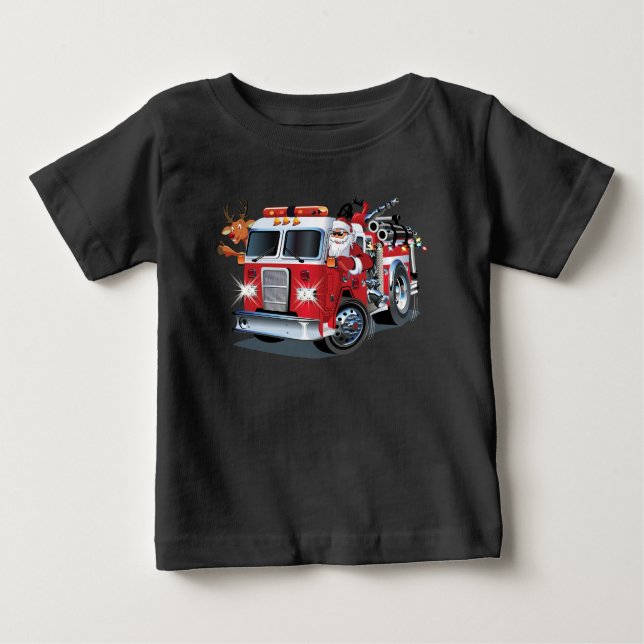 Cartoon Christmas firetruck Baby T-Shirt (Front)