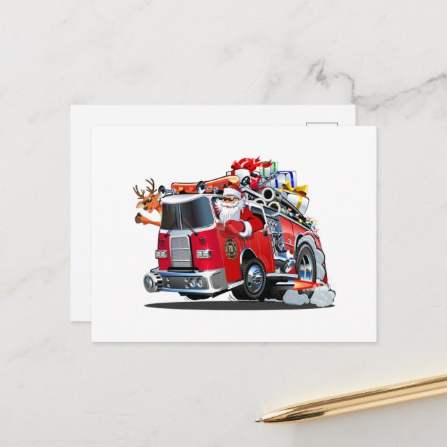 Cartoon Christmas firetruck Postcard (Front/Back In Situ)
