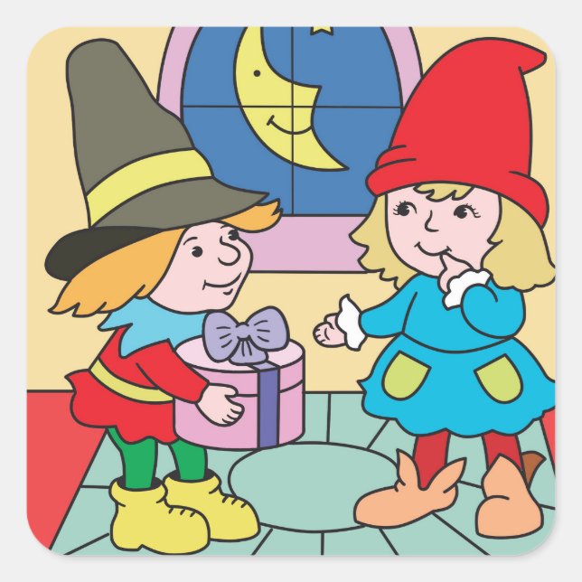 Cartoon Christmas gnomes and gift Square Sticker (Front)