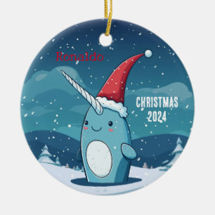 Cartoon Christmas Narwhal Personalized Ornament 