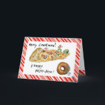 Cartoon Christmas Pizza and Doughnut Holiday Card<br><div class="desc">Have some humour with your holidays! These cartoon foods are having a pizza party to wish you "Merry Crustmas". There's dancing green peppers, a green pepper Christmas tree with a cute cartoon mushroom cap wearing a red cap. There's a pepperoni being a snow angel in the cheese and a sausage...</div>