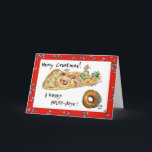 Cartoon Christmas Pizza and Doughnut Holiday Card<br><div class="desc">Have some humour with your holidays! These cartoon foods are having a pizza party to wish you "Merry Crustmas". There's dancing green peppers, a green pepper Christmas tree with a cute cartoon mushroom cap wearing a red cap. There's a pepperoni being a snow angel in the cheese and a sausage...</div>
