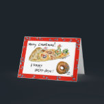 Cartoon Christmas Pizza and Doughnut Holiday Card<br><div class="desc">Have some humour with your holidays! These cartoon foods are having a pizza party to wish you "Merry Crustmas". There's dancing green peppers, a green pepper Christmas tree with a cute cartoon mushroom cap wearing a red cap. There's a pepperoni being a snow angel in the cheese and a sausage...</div>
