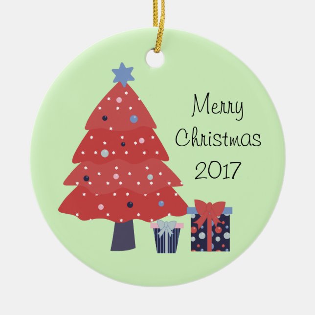 Cartoon Christmas Tree and Presents Ceramic Tree Decoration (Front)