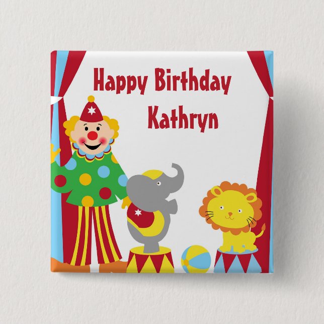 Cartoon Circus Clown and Animals Birthday Button (Front)