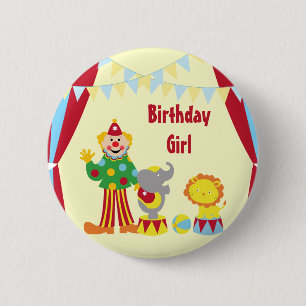 Cartoon Circus Clown and Animals Birthday Girl But 6 Cm Round Badge