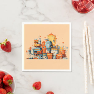 Cartoon City Colorful Animated Peach Background Napkin