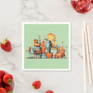 Cartoon City Colourful Animated Green Background Napkin