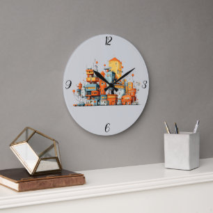 Cartoon City Colourful Urban Clock Grey Background