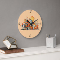 Cartoon City Colourful Urban Clock Peach Backgroun