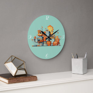 Cartoon City Colourful Urban Green Background Large Clock