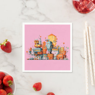 Cartoon City Pink Napkins – Colourful Animated 