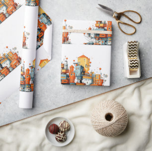 Cartoon City Skyline Wrapping Paper – Animated