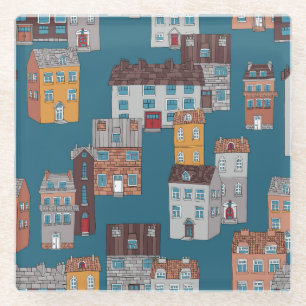 Cartoon City Vintage Wallpaper Glass Coaster
