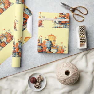 Cartoon City Wrapping Paper – Playful Yellow Urban