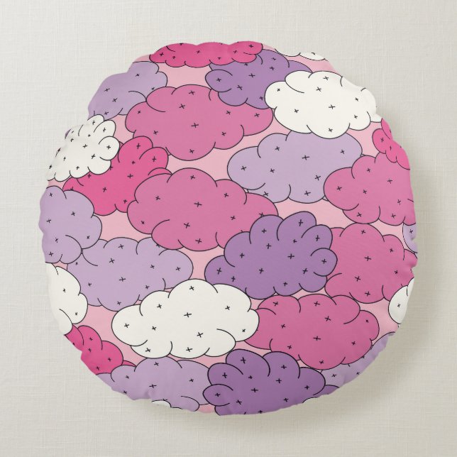 Cartoon clouds, fun vintage repeat. round cushion (Front)
