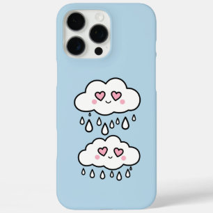 Cartoon Clouds with Heart Raindrops – Whimsical iPhone 16 Pro Max Case