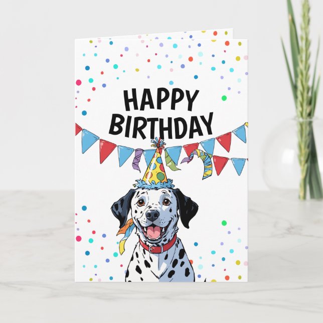 Cartoon Colourful Confetti Dalmatian Birthday Card (Front)