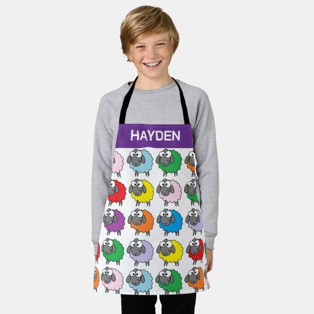 Cartoon Colourful Sheep Pattern Personalised Apron (Worn)