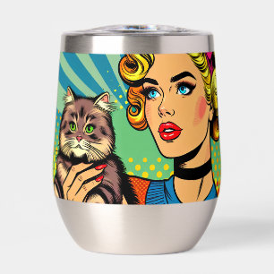 Cartoon Comic Pop Art Women Holding Cat