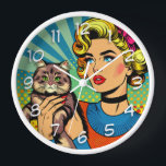Cartoon Comic Pop Art Women Holding Cat Clock<br><div class="desc">Retro pop art comic style art done with a midcentury vibe woman holding a cute cat. Bright,  colourful ai art.</div>