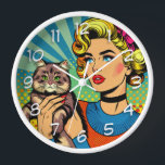 Cartoon Comic Pop Art Women Holding Cat Clock<br><div class="desc">Retro pop art comic style art done with a midcentury vibe woman holding a cute cat. Bright,  colourful ai art.</div>
