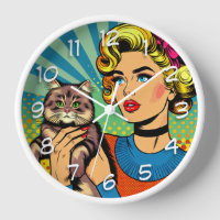 Cartoon Comic Pop Art Women Holding Cat