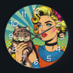 Cartoon Comic Pop Art Women Holding Cat Large Clock<br><div class="desc">Retro pop art comic style art done with a midcentury vibe woman holding a cute cat. Bright,  colourful ai art.</div>