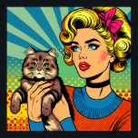 Cartoon Comic Pop Art Women Holding Cat Poster<br><div class="desc">Retro pop art comic style art done with a midcentury vibe woman holding a cute cat. Bright,  colourful ai art.</div>