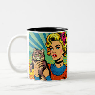 Cartoon Comic Pop Art Women Holding Cat Two-Tone Coffee Mug