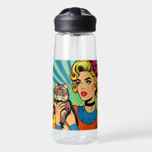 Cartoon Comic Pop Art Women Holding Cat Water Bottle
