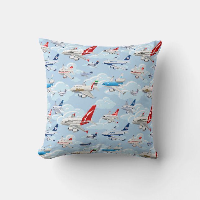 Cartoon commercial aeroplanes seamless pattern cushion (Front)