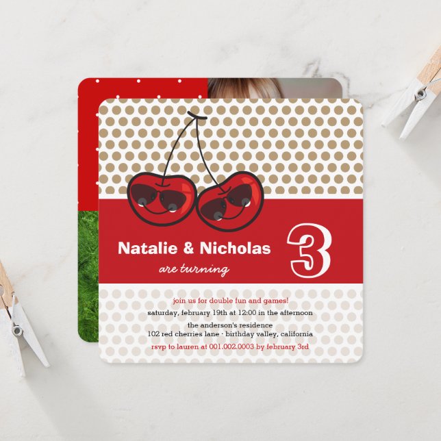 Cartoon Cool Party Cherries Twins Birthday Photo Invitation (Front/Back In Situ)