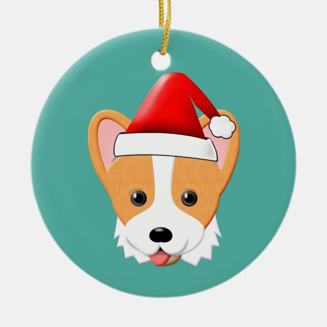 Cartoon Corgi Christmas Santa Hat Ceramic Ornament (Front)